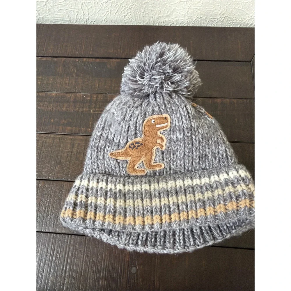 The Children's Place Boys Navy Gray Dinosaur Knit Beanie Hat Pom Pom 2T- 5T